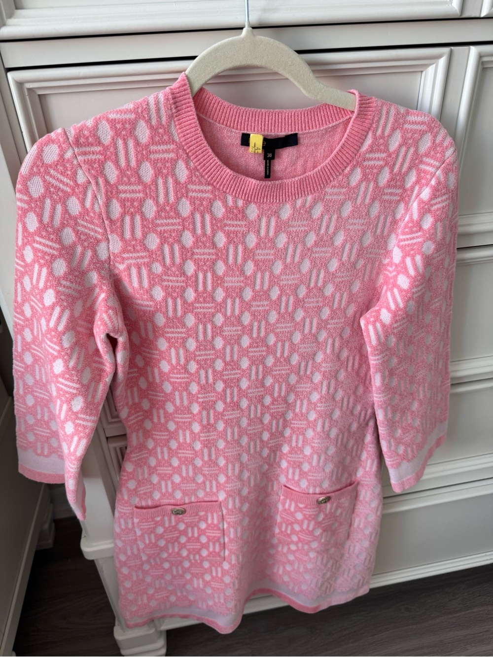 Maje Pink and White Roadina Long Sleeve Knit Dress